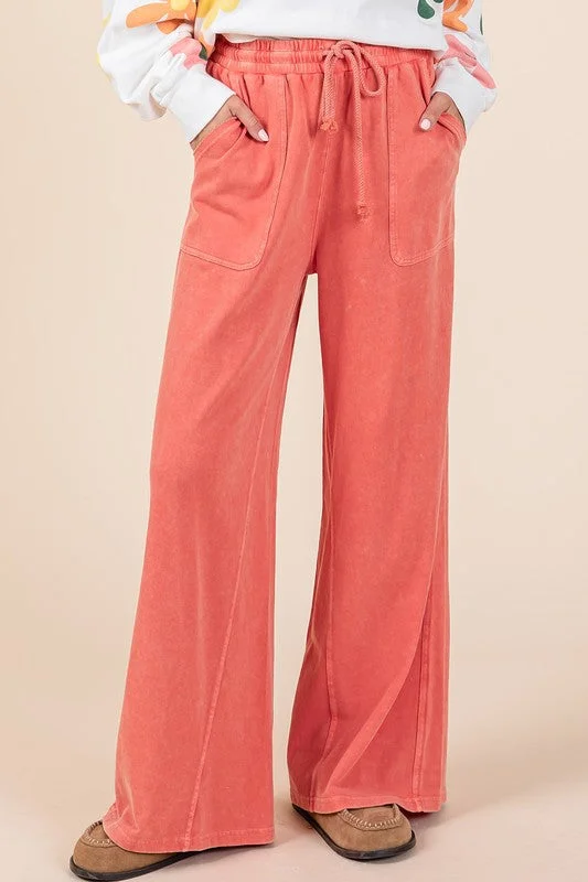 Mittoshop Mineral Wash French Terry Drawstring Wide Leg Pants Relaxed High-Waist Trousers