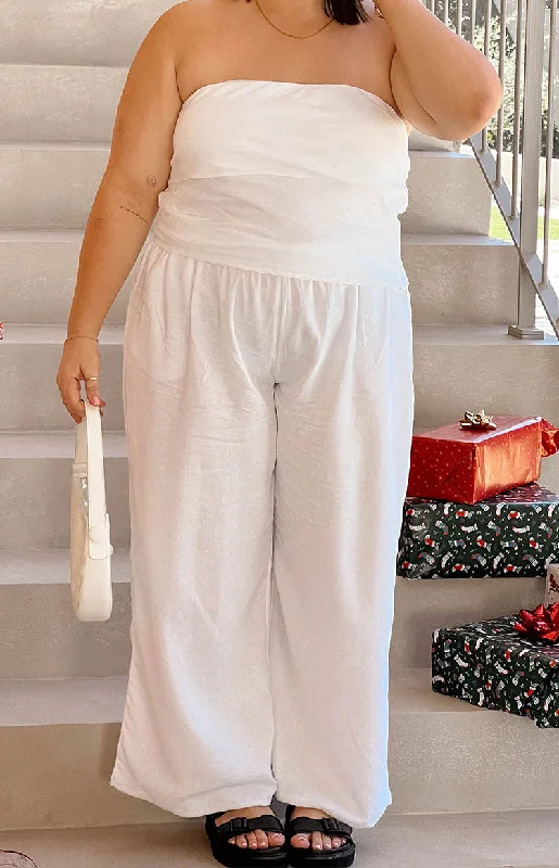 Moana White Linen Blend Pants Wide-Legged Palazzos