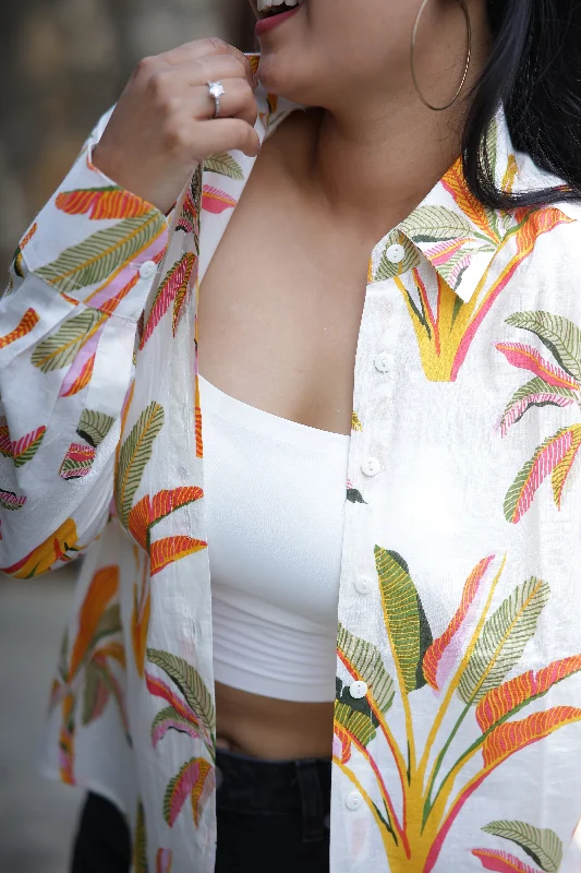 Palm Leaves on White Print 100% Cotton Full Sleeves Women's Shirt Lace Blend Ribbed Blend Corduroy Blend