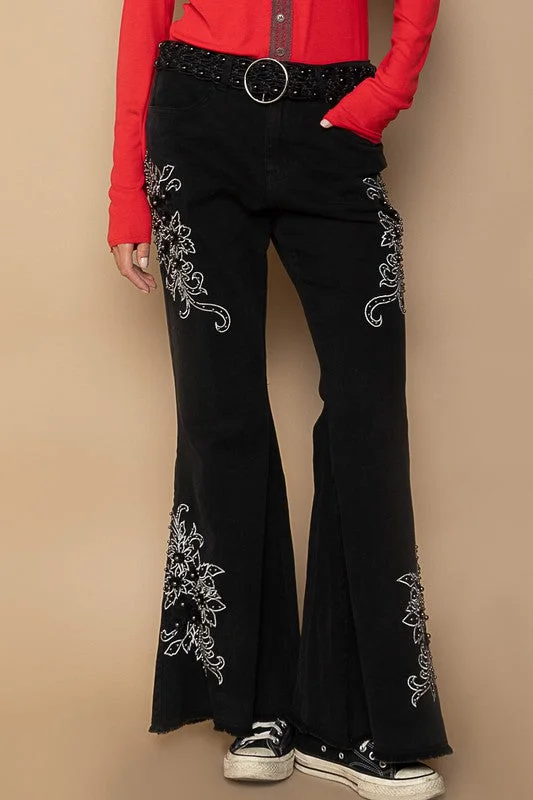 POL Raw Hem Embroidered Flare Pants Stretch Fit Pants