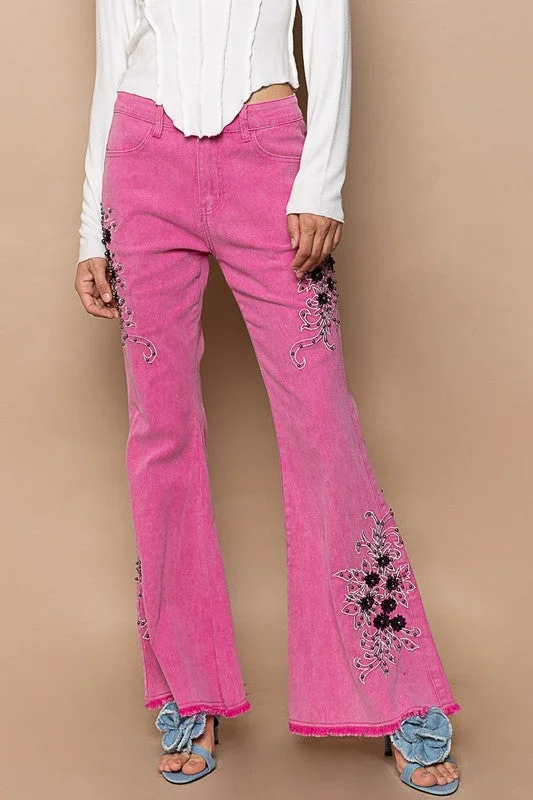 POL Raw Hem Embroidered Flare Pants Warm Wool Trousers