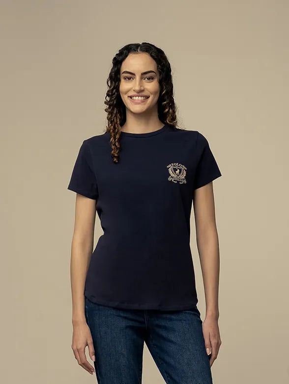 Polo Wmn Amy Crested Ss T-Shirt Navy Satin Blend Silk Blend Wool Blend