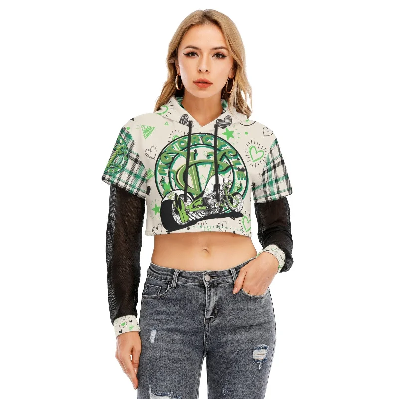 Rayne- One Bad Ass Bike - Girls Green Crop Top Motorcycle Hoodie Hoodie with Monochrome Minimalist Simple Rayne- One Bad Ass Bike - Girls Green Crop Top Motorcycle Hoodie Hoodie with Monochrome Minimalist Simple