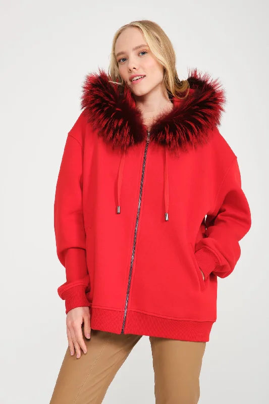 Red Fox Fur Lined Zipped Hoodie Hoodie with Half-Zip Sporty Casual
