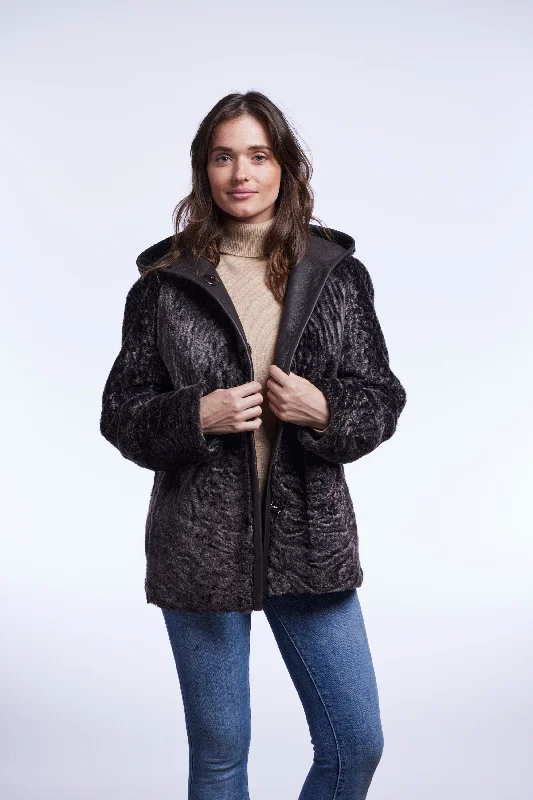 #150HDC Textured Shearling Reversible Hoodie Hoodie with Raw Hem Edgy Unfinished