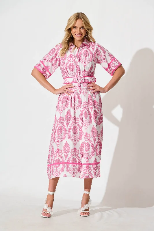 Rosella Midi Shirt Dress in White with Pink Floral Print Polka Dot Checkered Tartan