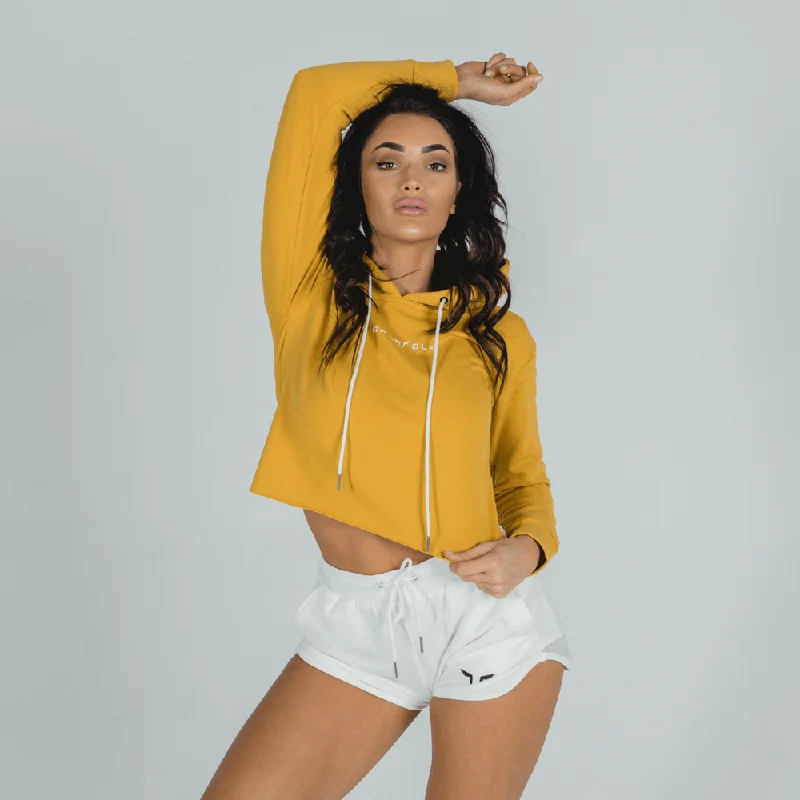 She-Wolf Crop Hoodie - Mustard Hoodie with Rolled Sleeves Casual Relaxed