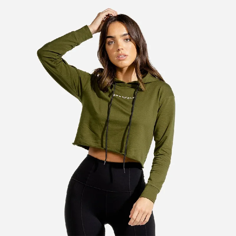 She-Wolf Crop Hoodie - Olive Hoodie with Elastic Cuffs Stretchable Comfortable