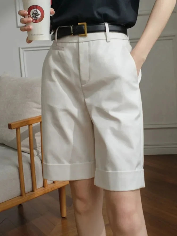 Shorts for Women High Waist Knee Length Straight Pants with Belt Chic Capri Pants