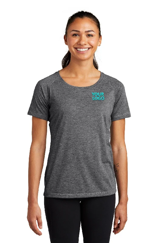 Sport-Tek Ladies PosiCharge Customized Tri Blend Wicking Scoop Neck Raglan Tee's, Dark Grey Heather Graphic Embroidered Appliqued