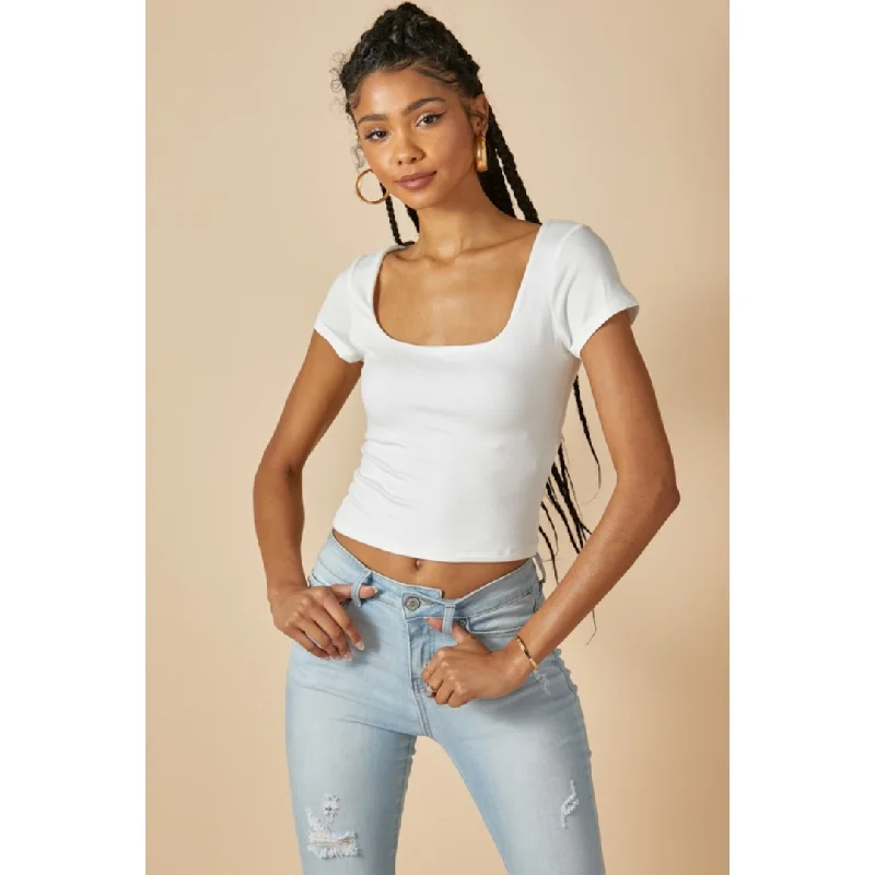 Square Neck Double Layered Cropped Tee - Soft White Cozy Warm Stylish