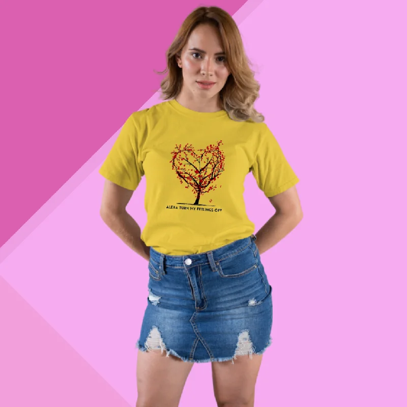 "Stay Chill with 'Alexa Turn My Feelings Off' Printed Women's Yellow T-Shirt" Knit Fabric Woven Fabric Fleece Fabric