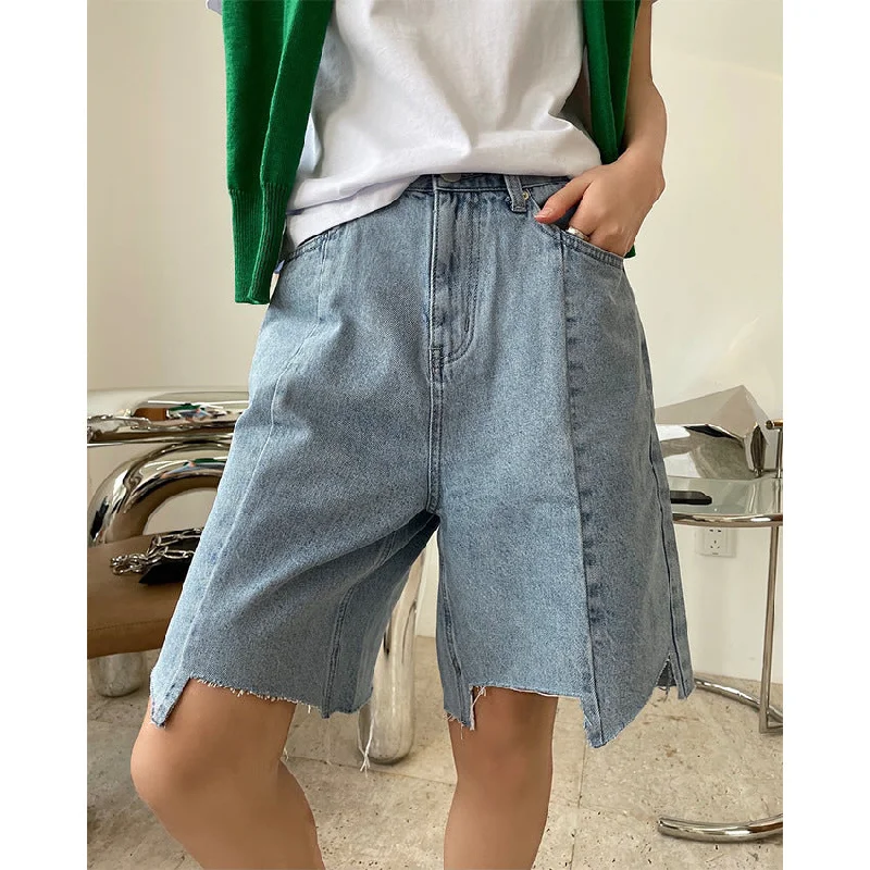 Summer high waist denim pants wide legs loose thin five pants shorts Cozy Full-Length Pants