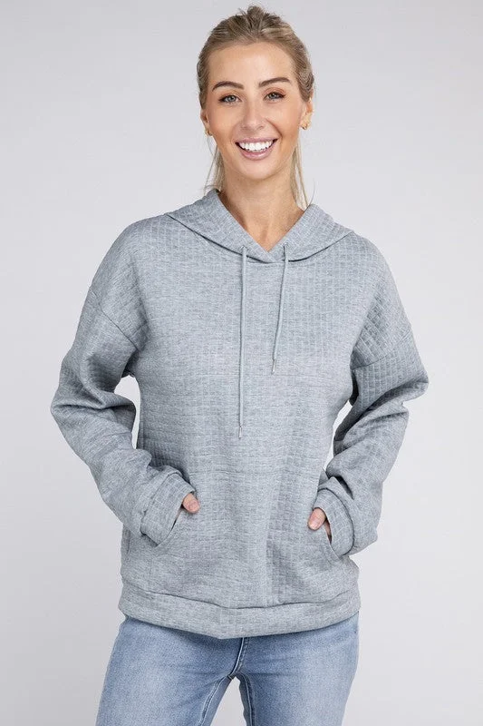 Textured Pocket Drawstring Hoodie Hoodie with High Neck Warm Protective