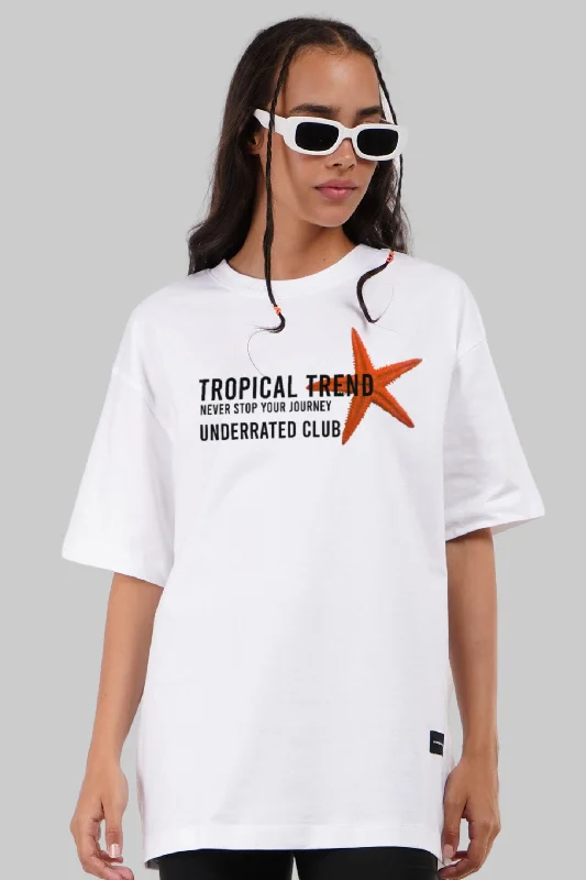 Tropical Starfish White Oversized Fit T-Shirt Women Spandex Blend Rayon Blend Denim Blend