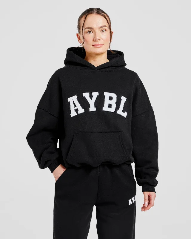 Varsity Oversized Hoodie - Black Cotton Hoodie Fleece Lining Warmth