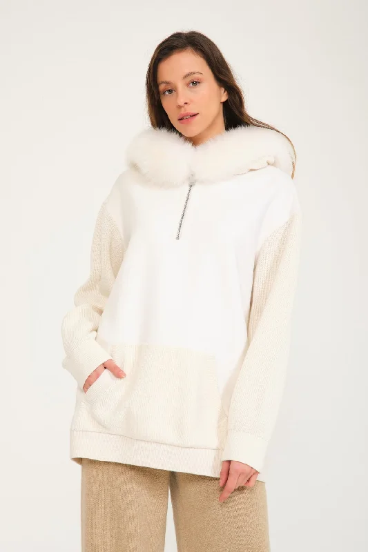White Wool & Fox Fur Hoodie Hoodie with Side Slits Relaxed Casual