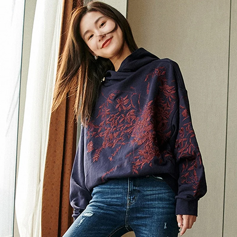 Women Hoodie Embroidery Loose Terry Long Sleeves Casual Hoodie with Hood Adjustable Protection Women Hoodie Embroidery Loose Terry Long Sleeves Casual Hoodie with Hood Adjustable Protection