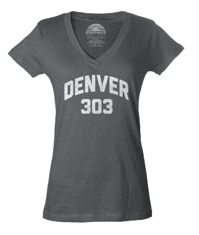 Women's Denver 303 Area Code Vneck T-Shirt Zippered Buttoned Snapped