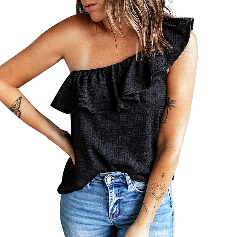 Women'S Fashion Ruffled One Shoulder Shirt Fleece Nylon Spandex