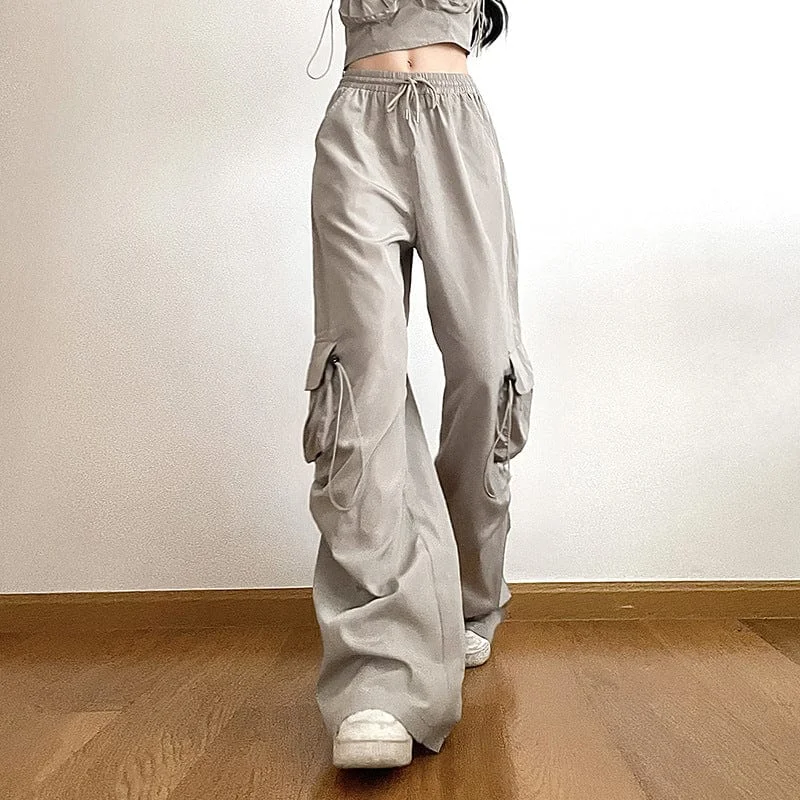 Women's Grunge Big-pocket Drawstring Casual Pants Elegant Trouser Pants
