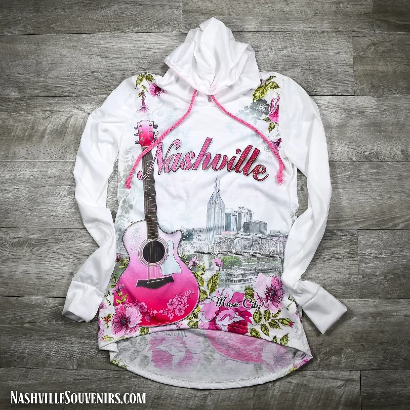 Womens Nashville Hoody Floral Guitar Hoodie with Hem Lace Feminine Delicate