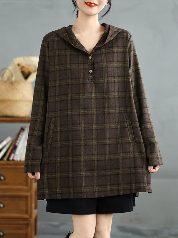 Women's Fashionable Look Plaid Hooded Loose Mid-Length Tops Shirts Oversized Hoodie Comfort Casual Women's Fashionable Look Plaid Hooded Loose Mid-Length Tops Shirts Oversized Hoodie Comfort Casual