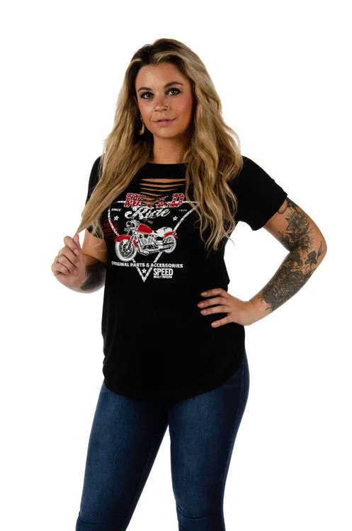 7634 Ladies Made in the USA Wyld Ride motorcycle graphic shirt Zippered Front Buttoned Front Snap Front