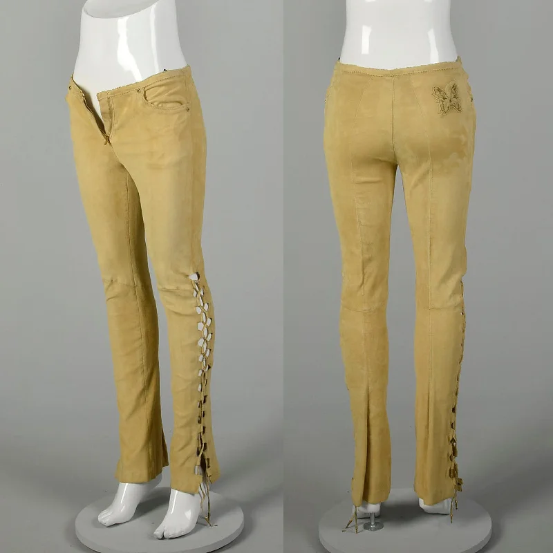XS 2000s Pants Roberto Cavalli Designer Tan Suede Stretch Leather Lace Up Formal Slim Pants XS 2000s Pants Roberto Cavalli Designer Tan Suede Stretch Leather Lace Up Formal Slim Pants