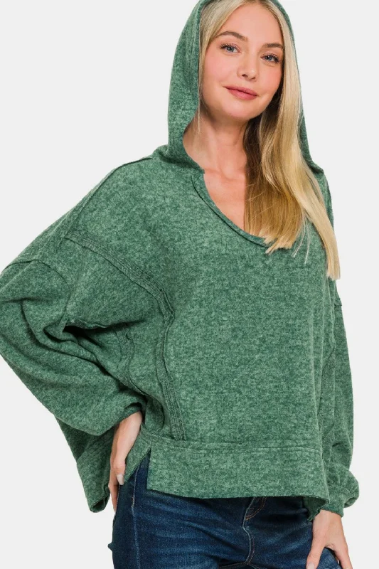 Zenana Brushed Hacci Exposed Seam Hoodie Hoodie with Slim Fit Tailored Modern