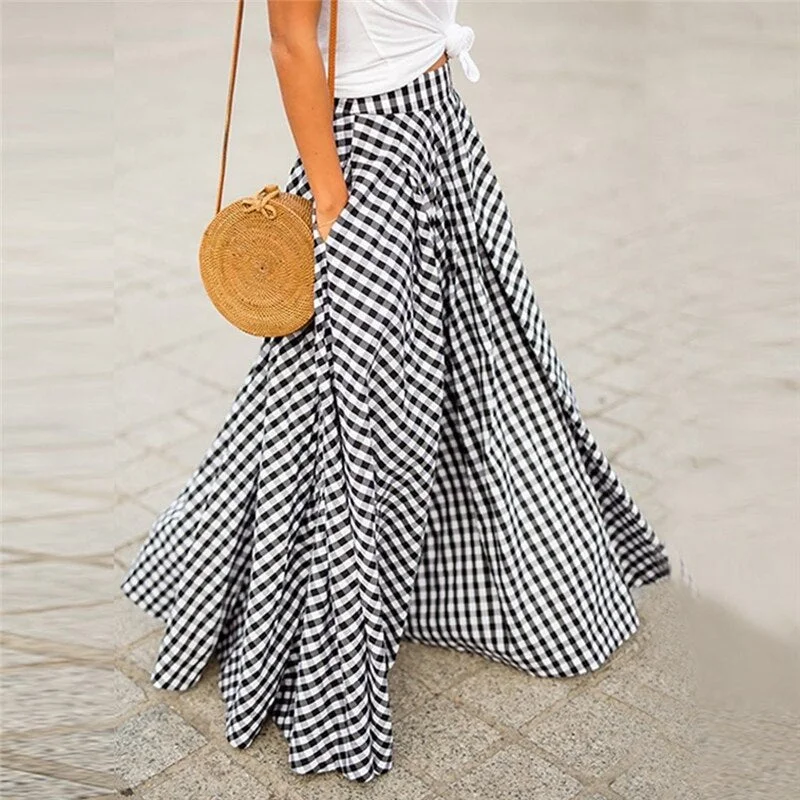 2023 Summer Plaid Check Midi Skirt Vintage Party Pleated Skirts Women Casual Elastic Waist Swing Sundress Female Vestidos wool skirt warm