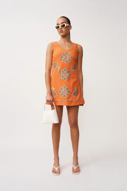 Alfresco Embroidery Mini Dress - Orange Aqua Cozy Satin Mini Dress