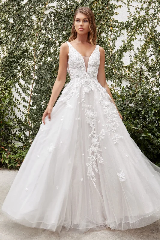 Andrea & Leo Couture A1028W White Illusion  V-neckline A-line Skirt Gardenia Ball Gown seamless skirt comfort