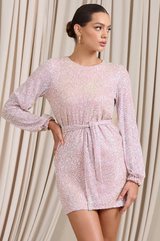 Astrological | Nude Mix Sequin Long Sleeve Mini Dress With Belt Detail Chic Mini Dress with V-Neck