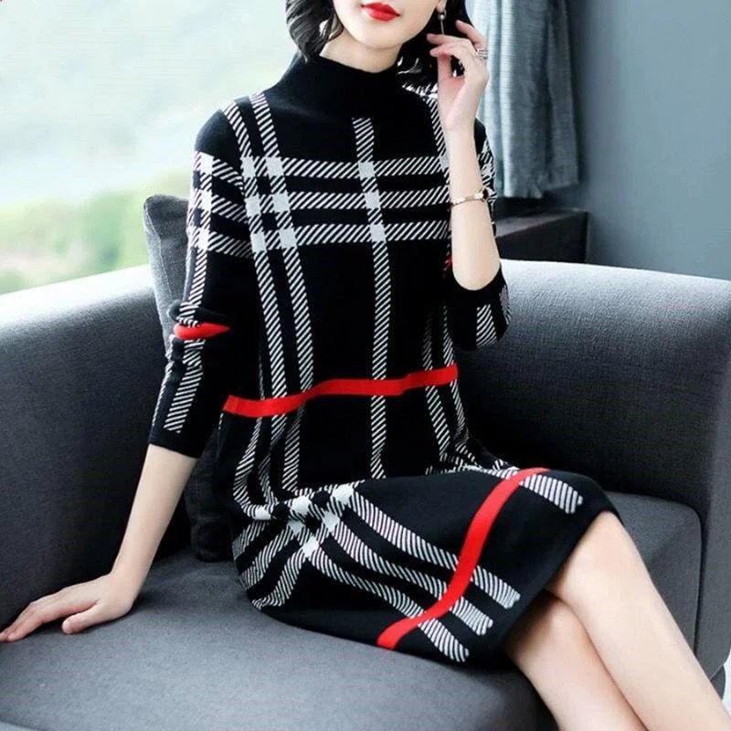 Autumn and Winter Light Luxury High-end Dresses Ladies Temperament Casual Knitted Bottoming Skirt Simple Middle-aged Women Sweater Dress leather skirt modern