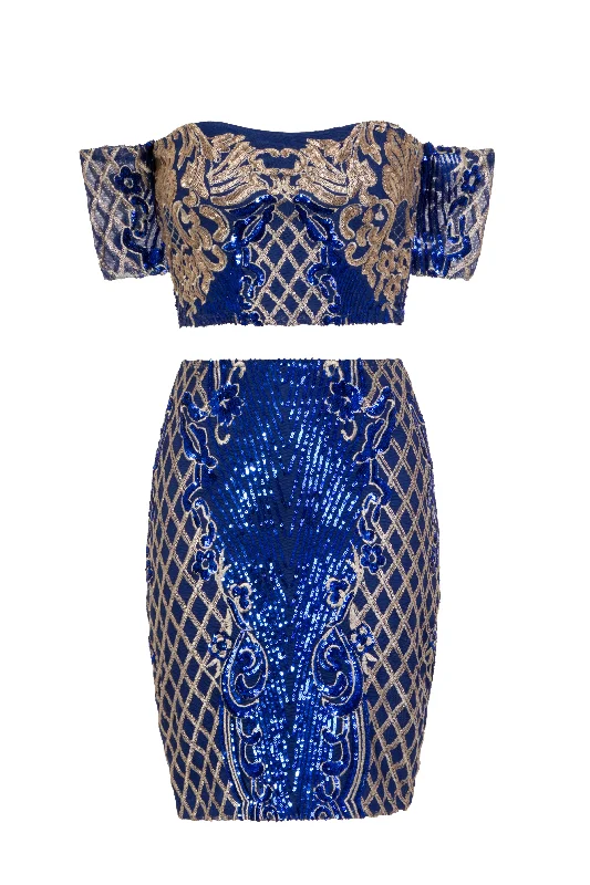 Baddie Vip Blue Gold Sequin & Embroidery Two Piece Skirt Top Co Ord Set wool skirt thick Baddie Vip Blue Gold Sequin & Embroidery Two Piece Skirt Top Co Ord Set wool skirt thick