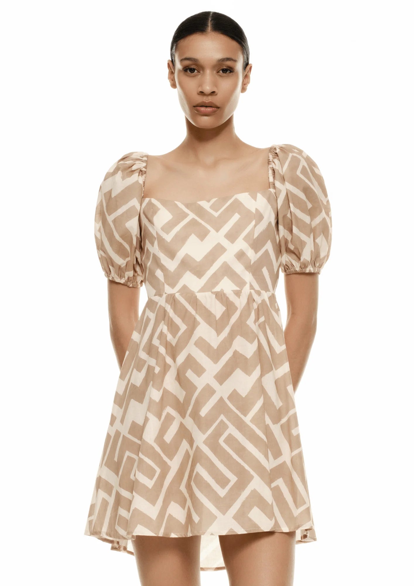 BEIGE GEOMETRIC MINI DRESS Comfortable Boho Mini Dress