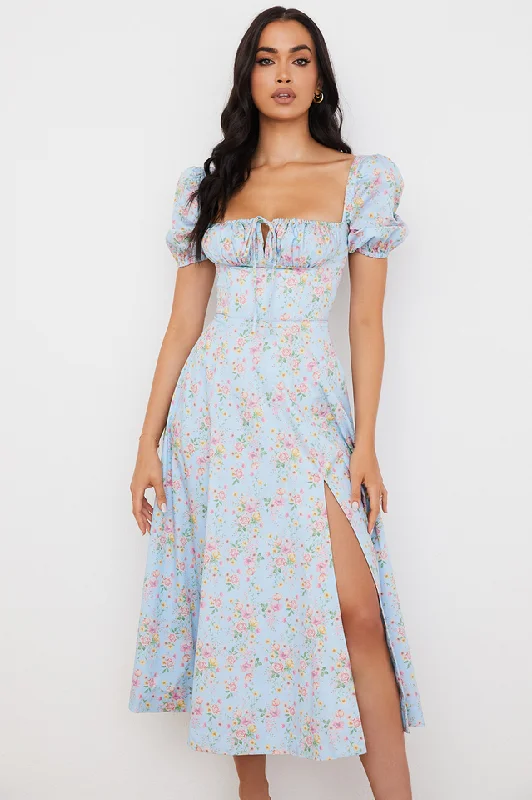 Blue And Pink Vintage Print Midi Skirt cashmere skirt soft