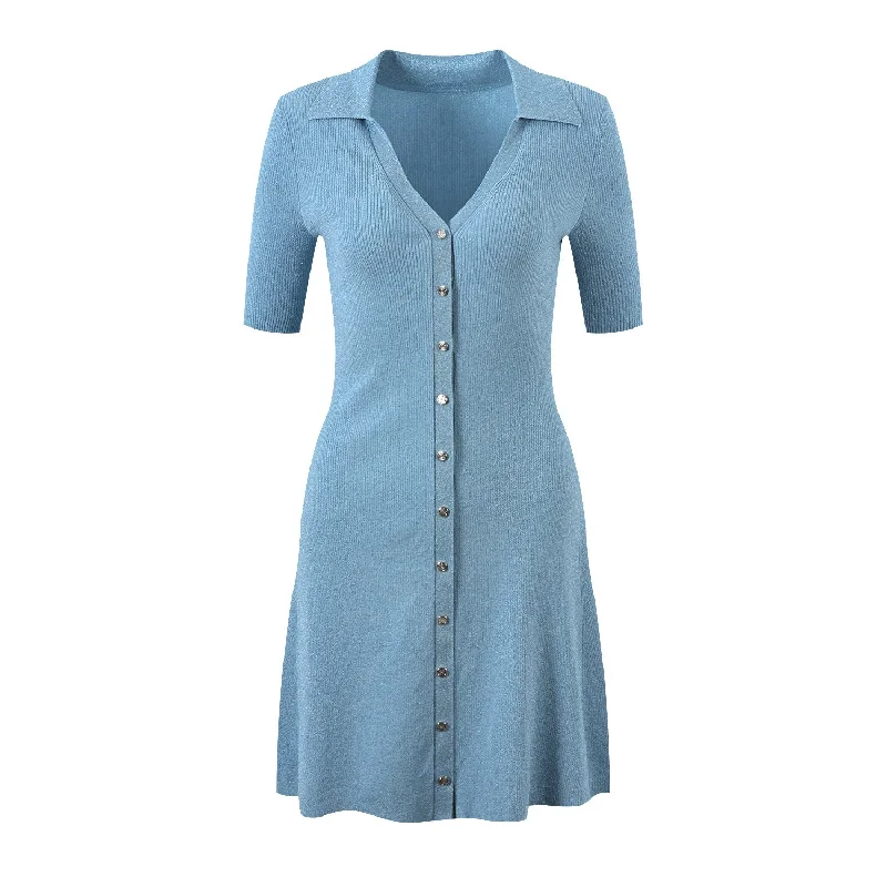 blue V-neck short skirt silk skirt lustrous