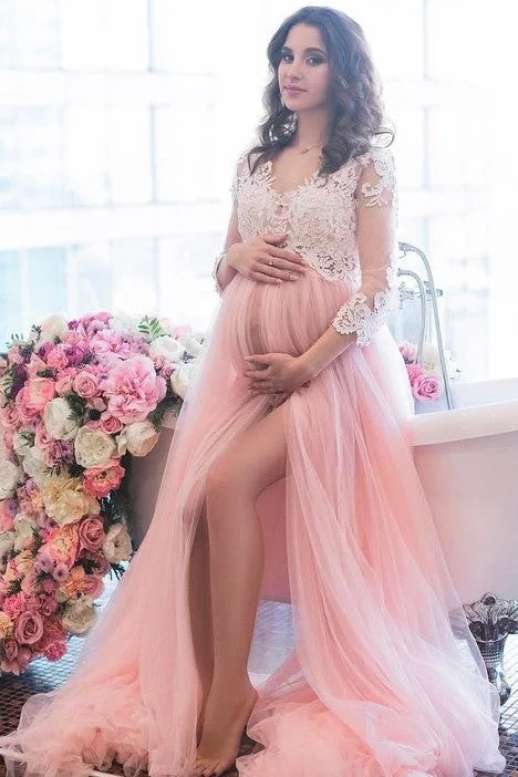 Blush Maternity Lace Dress for Photoshoot with Long Tulle Skirt lace skirt elegant