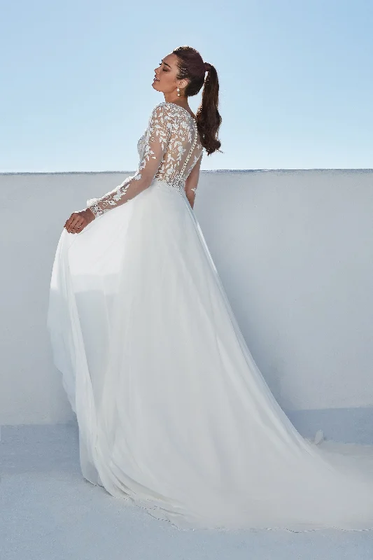 Braelynn : Chiffon Skirt A-Line Gown with Illusion Back and Pearl Buttons maxi skirt elegant