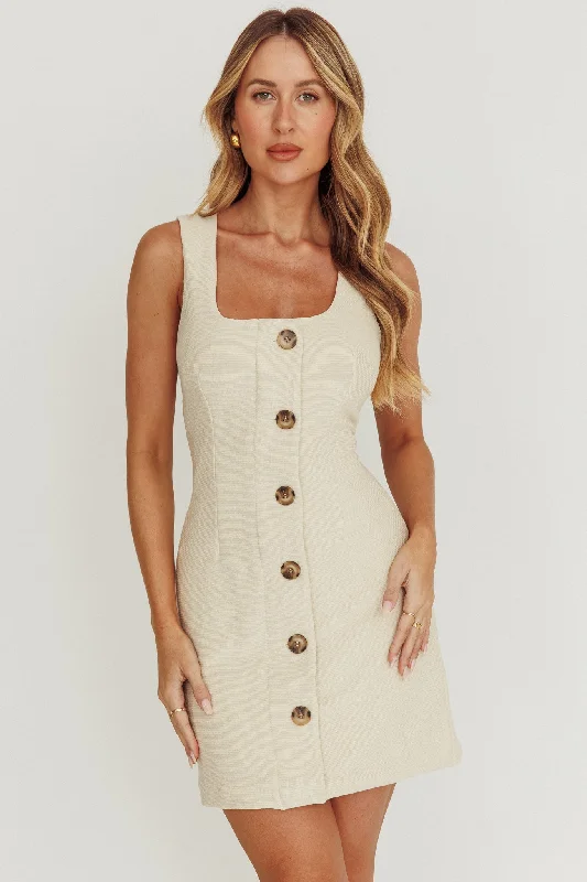 Celina Buttoned Knit Mini Dress Oat Chic Mini Dress with V-Neck