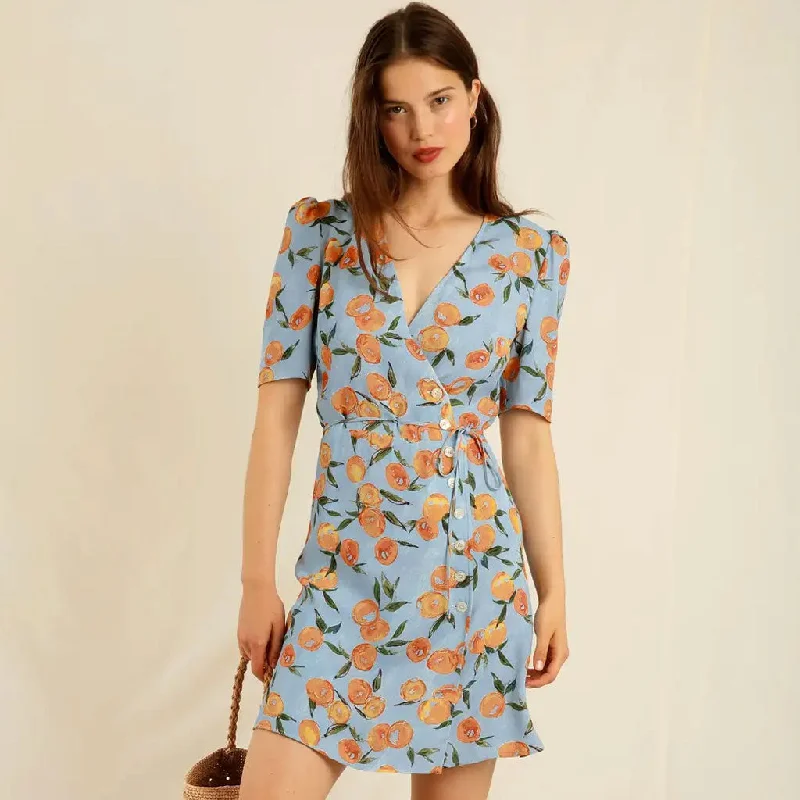 Chic Fruit Print Deep V Puff Sleeve Wrap Mini Dress - Blue Cozy Cotton Mini Dress