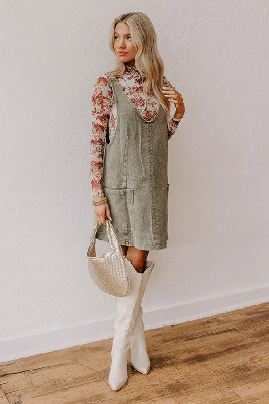 Composed Charm Denim Mini Dress in Olive Casual High-Waist Mini Dress