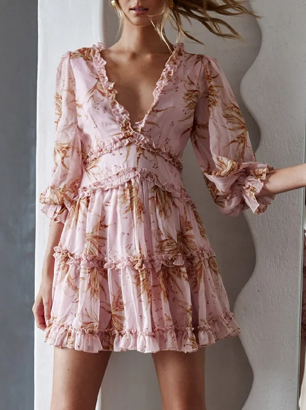 Give Me The World Mini Dress - Pink Floral Elegant Off-Shoulder Dress Mini