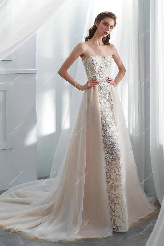 Modern Slim-Fit Champagne Mermaid Wedding Gown with Overskirt lace skirt romantic
