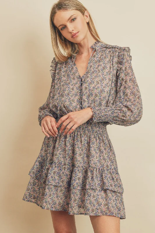 Ditsy Floral Shirred Waist Mini Dress Cozy Long Sleeve Mini Dress