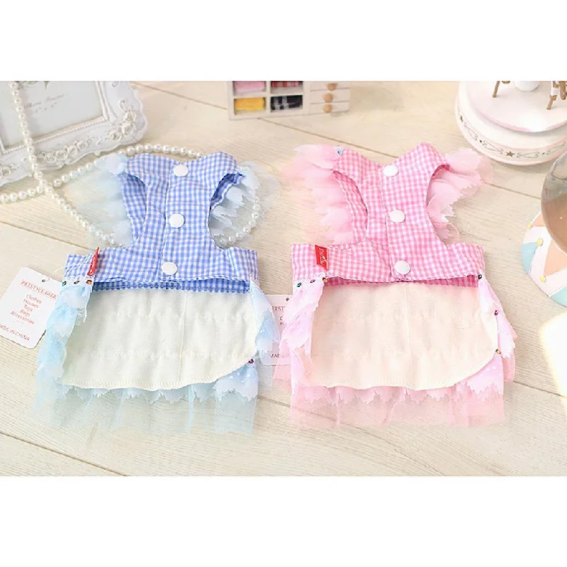 Maxbell Maxbell Dog Pet Puppy Grid Lace Bow Summer Skirt Jumpsuit Vest Dress Clothes Blue M lace skirt feminine