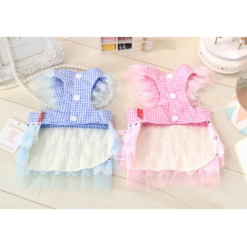 Maxbell Maxbell Dog Pet Puppy Grid Lace Bow Summer Skirt Jumpsuit Vest Dress Clothes Pink M chiffon skirt flowing