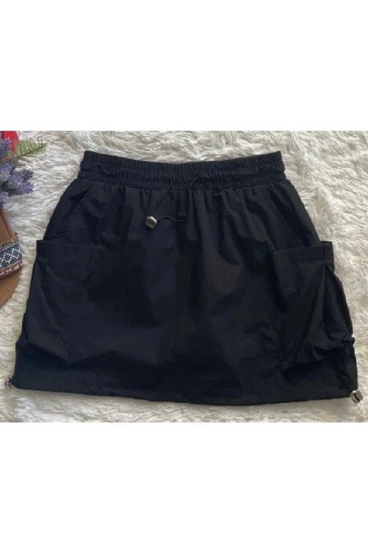 Drawstring Skirt with Lining Shorts (Black) midi skirt versatile